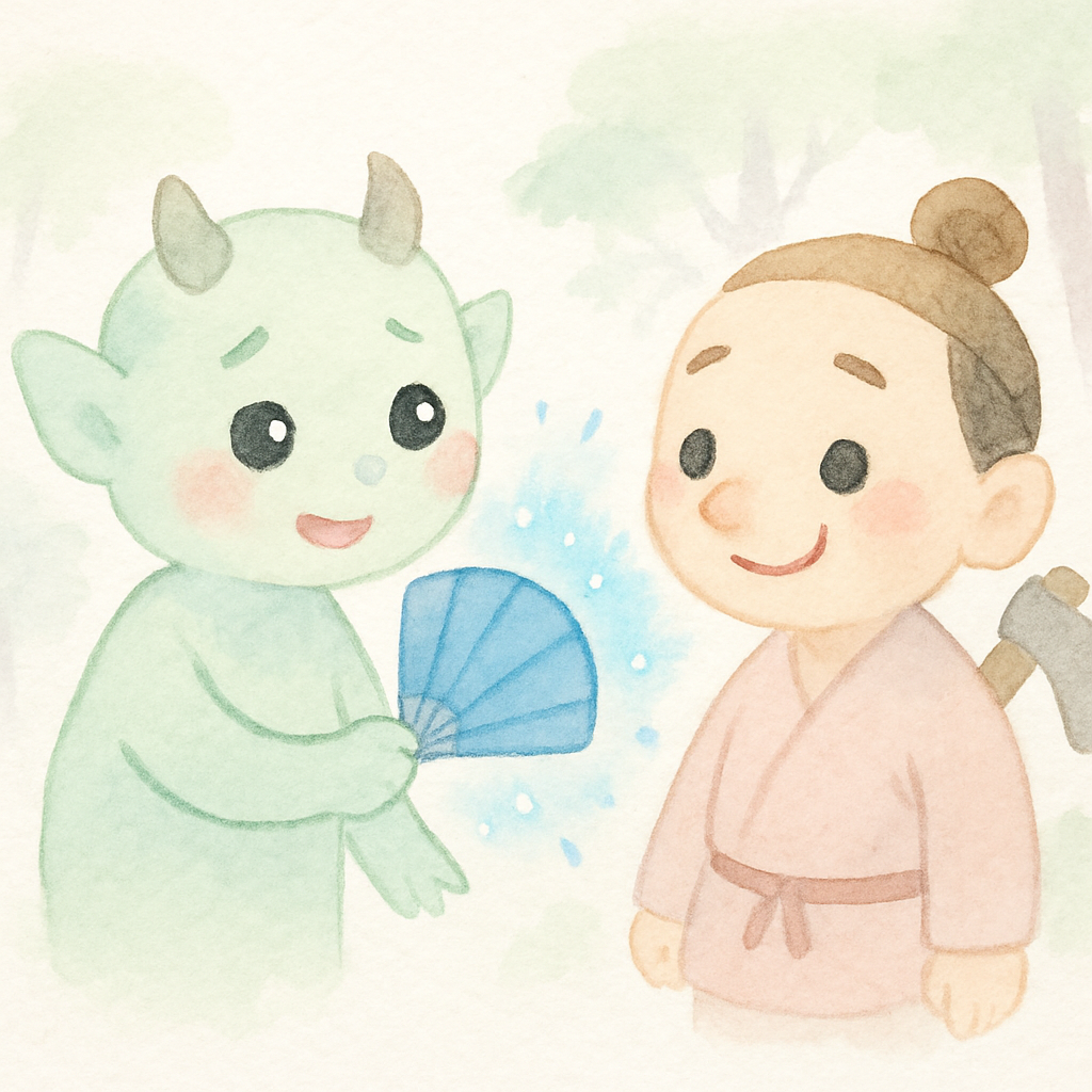 도깨비가 파란 부채로 나무꾼의 코를 다시 원래대로 만들어주는 장면